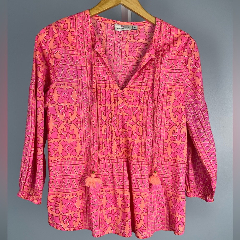 Vineyard Vines neon scarf print tassel blouse